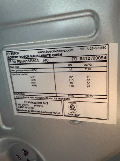 Bosch PBH615B80A 60cm Serie 2 Natural Gas Cooktop