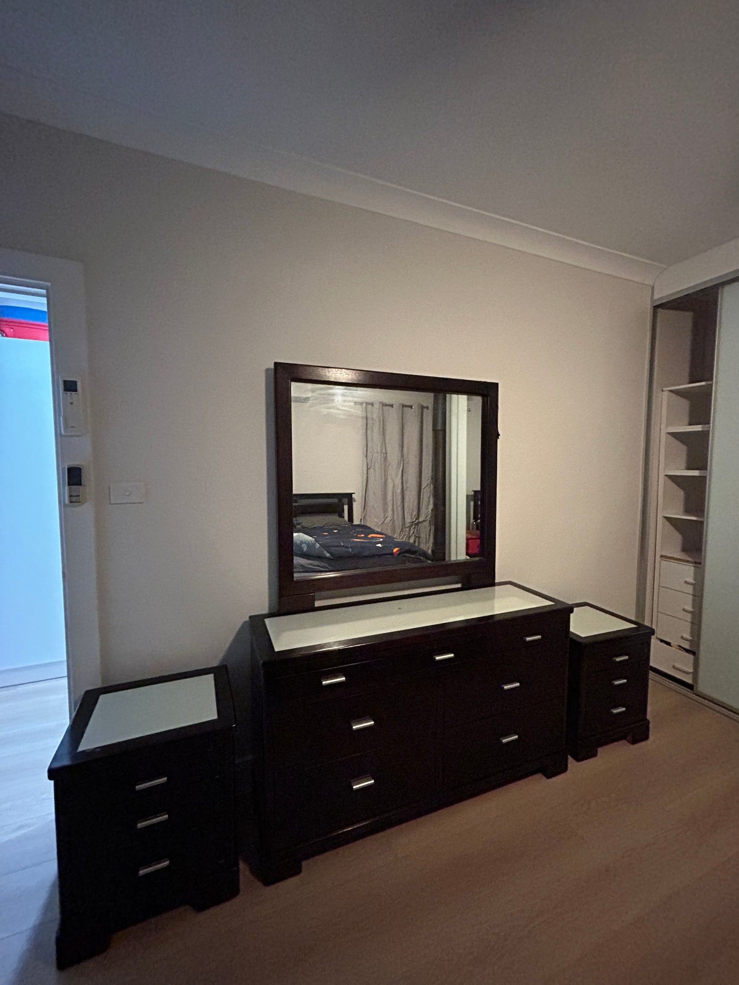 Dark Timber Bedroom Suite with Mirror & Matching Bedside Tables