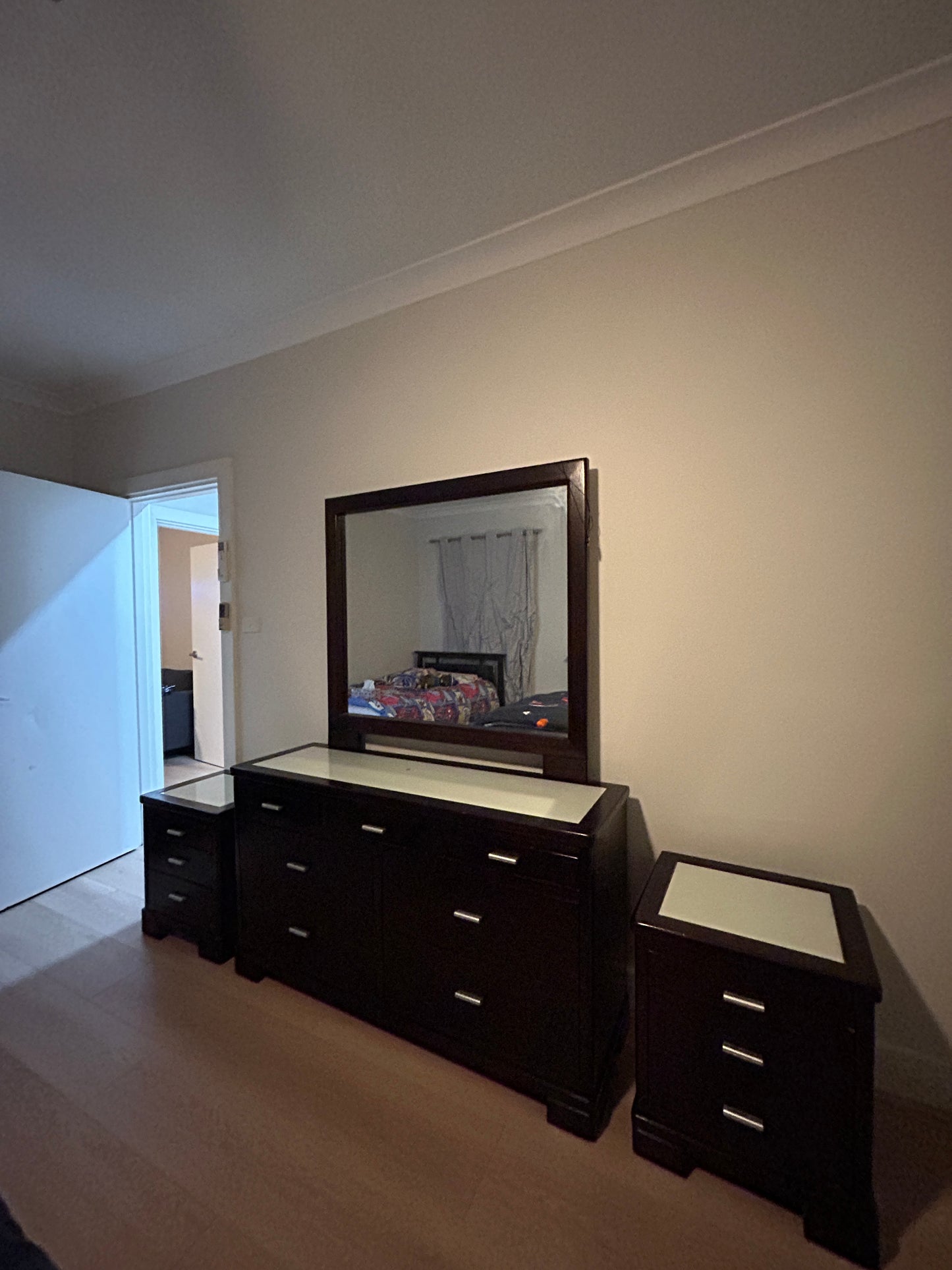 Dark Timber Bedroom Suite with Mirror & Matching Bedside Tables