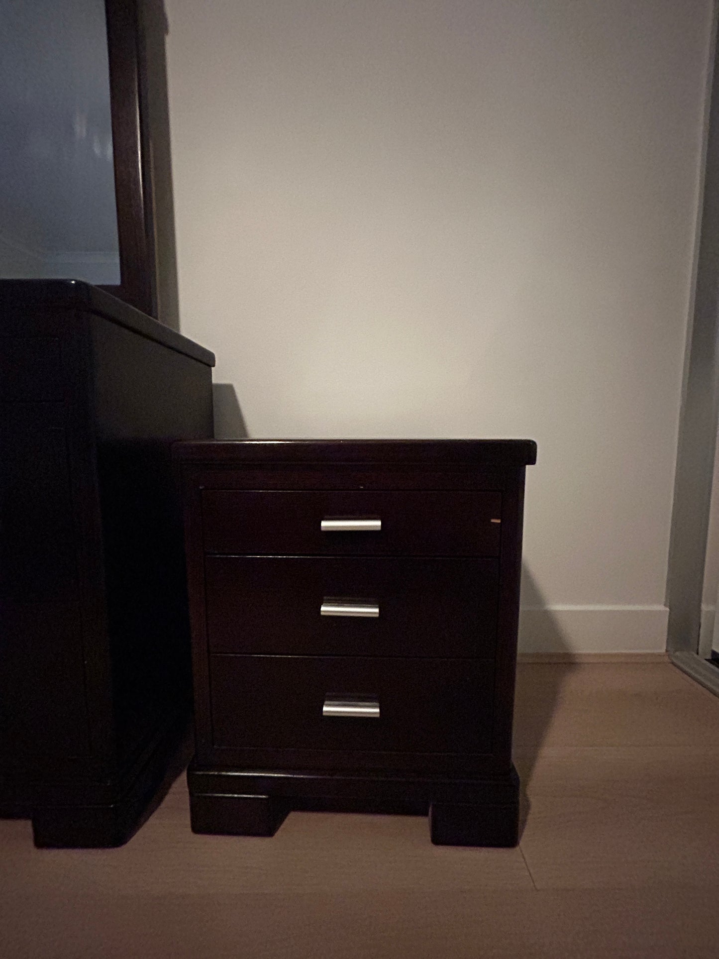 Dark Timber Bedroom Suite with Mirror & Matching Bedside Tables