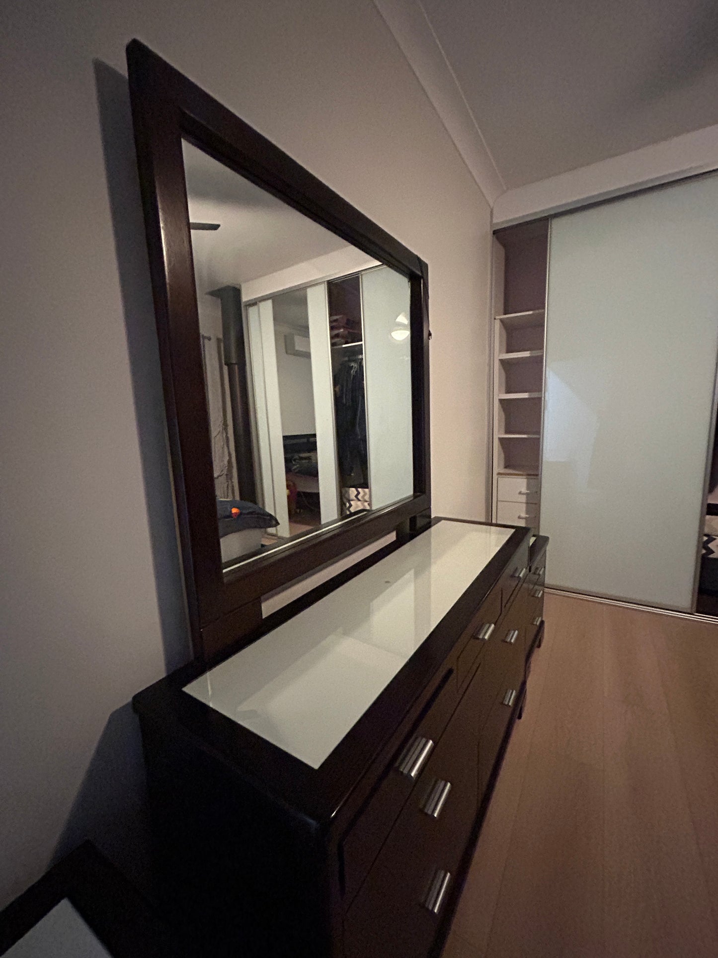Dark Timber Bedroom Suite with Mirror & Matching Bedside Tables