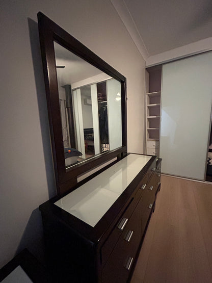 Dark Timber Bedroom Suite with Mirror & Matching Bedside Tables