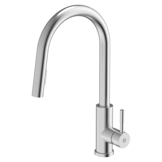 304 Gooseneck Pull Out Dual Spray Function Brushed Steel Kitchen Mixer