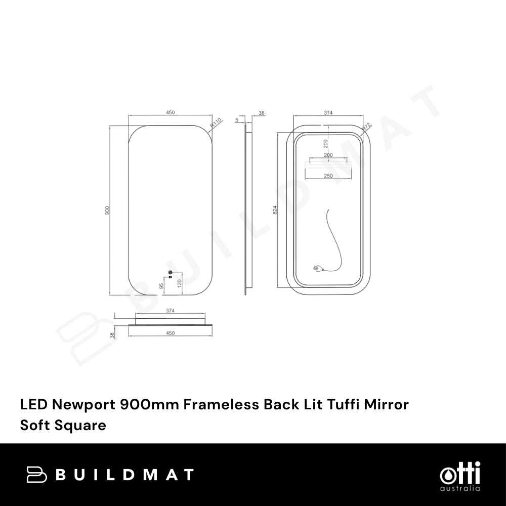 Otti LED Newport 900mm Frameless Back Lit Tuffi Mirror Soft Square