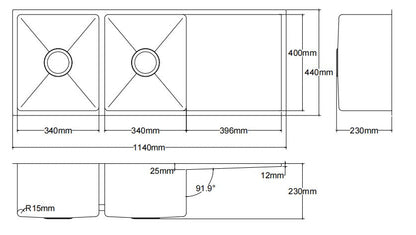 Kliff Hand Made Stainless Steel Double Bowl Sink - 1140mm x 440mm x 230mm