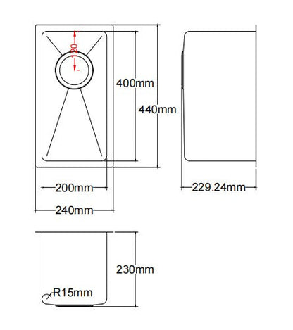 Kliff Hand Made Stainless Steel Sinks - 200mm x 440mm x 230mm