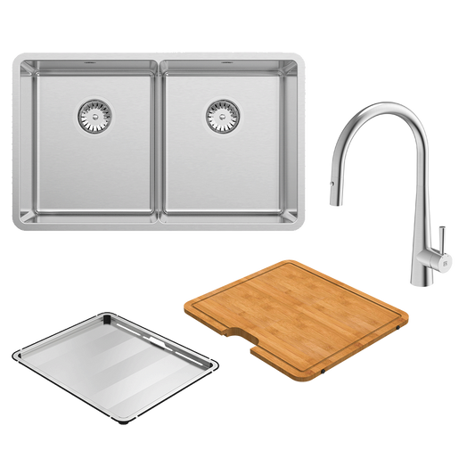 Lucia Double Bowl with KTA014-BR Kitchen Mixer, Drain Tray & Cutting Board