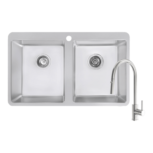 Abey Builders Double Bowl 1TH Sink & Pull Out Kitchen Mixer