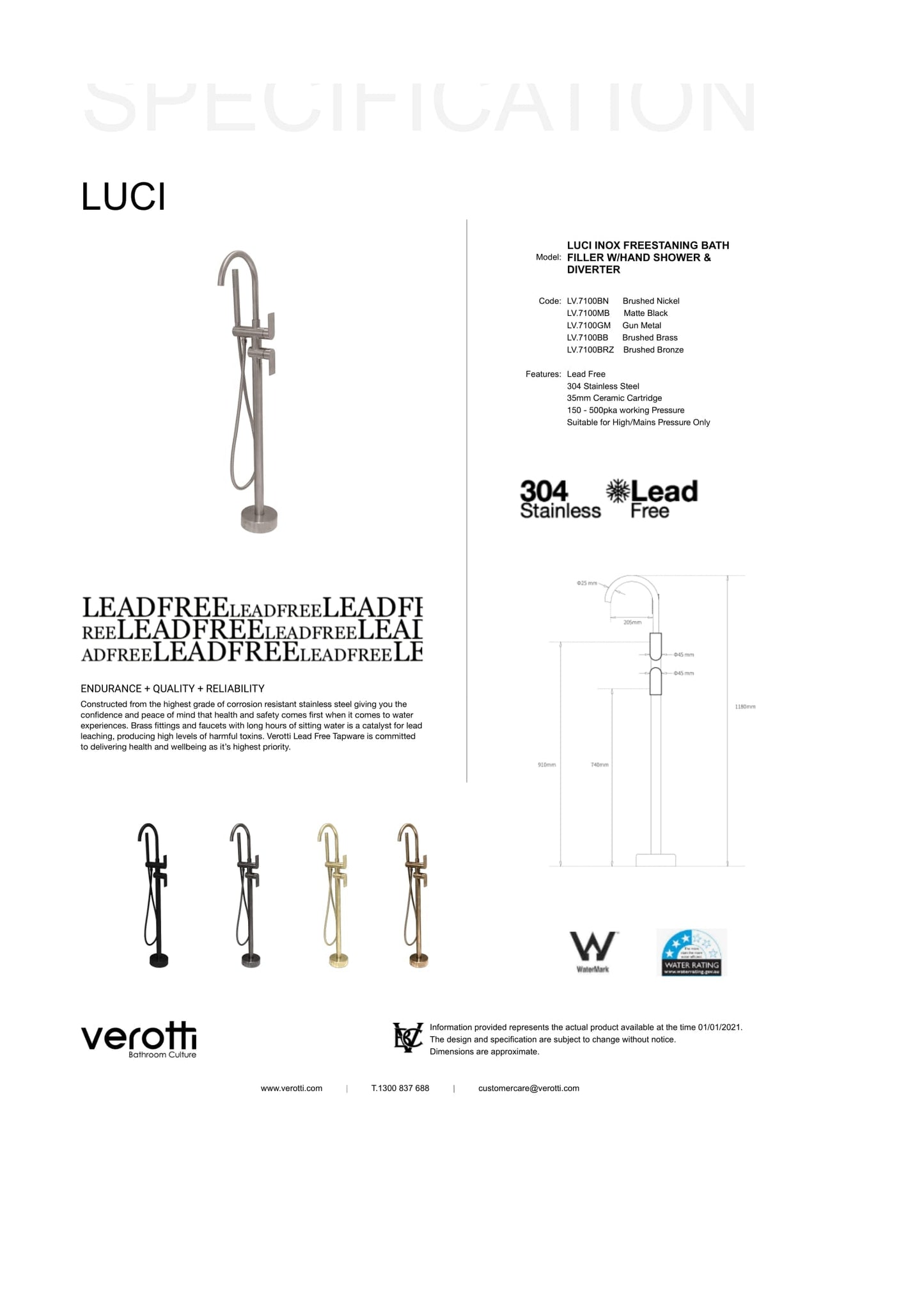 Luci Inox Freestanding Bath Filler w/ Hand Shower & Diverter