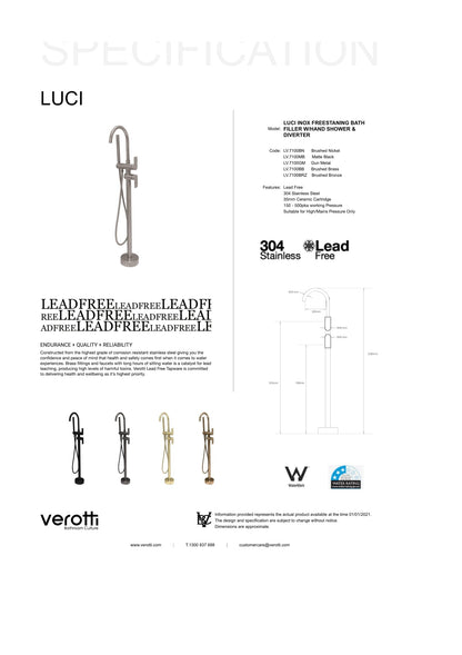 Luci Inox Freestanding Bath Filler w/ Hand Shower & Diverter