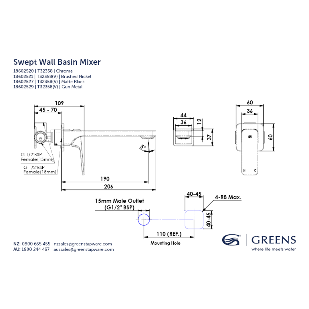 Greens Swept Wall Basin/Bath Mixer Pvd Gun Metal