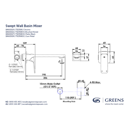 Greens Swept Wall Basin/Bath Mixer
