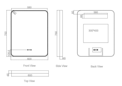 Maia 600×750 / 750×900 / 1200×750mm LED Rectangular Mirror – Gun Metal Frame