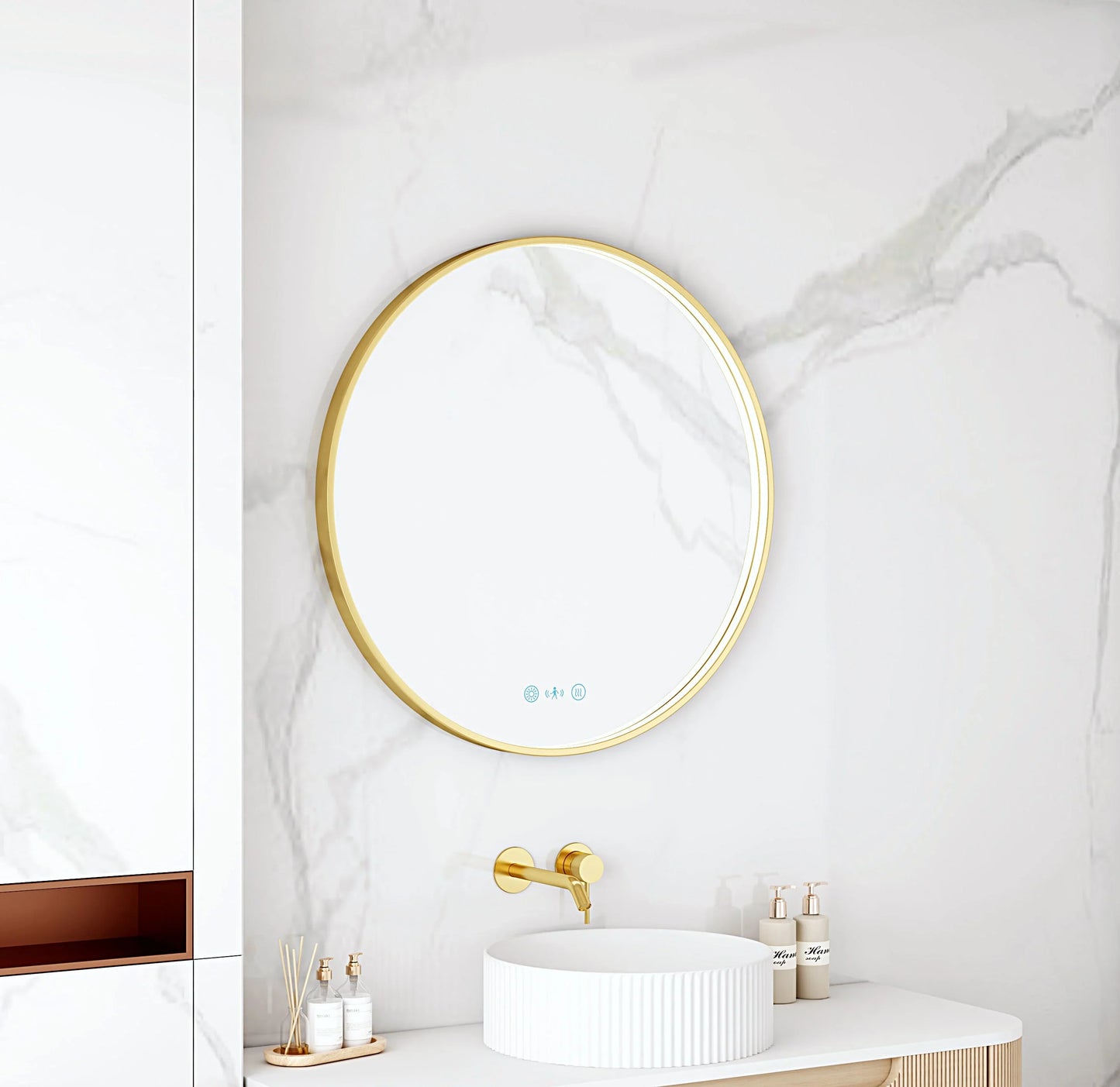 Maia 600/750/900mm LED Round Mirror – Brushed Gold Frame - 600mm / Brushed Gold