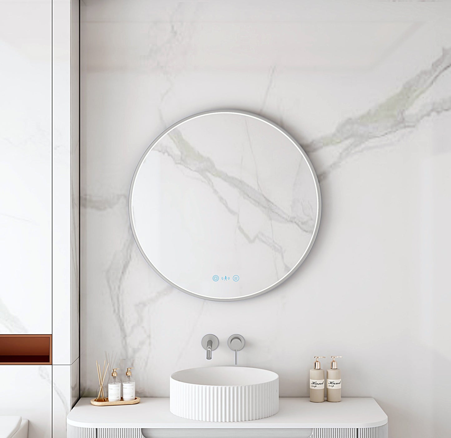 Maia 600/750/900mm LED Round Mirror – Brushed Nickel Frame - 750mm / Brushed Nickel