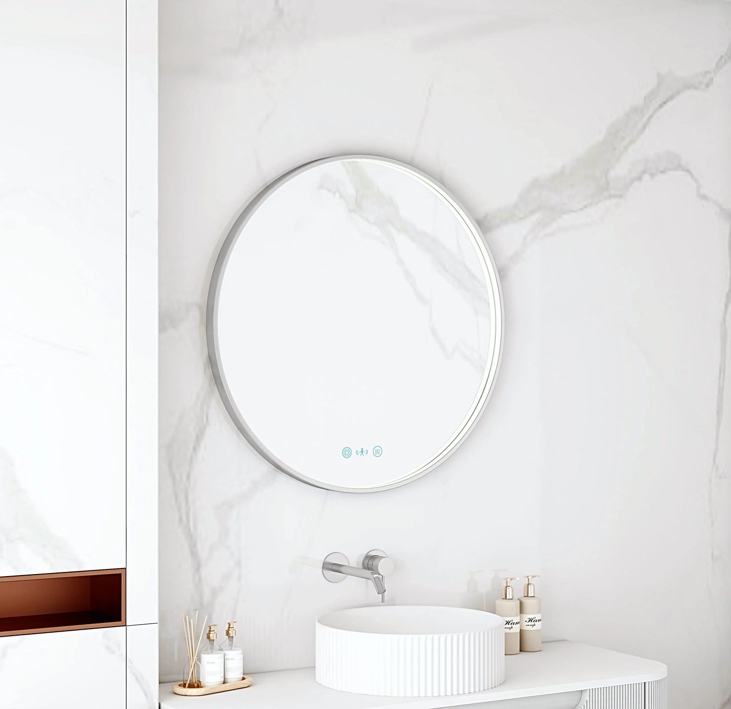 Maia 600/750/900mm LED Round Mirror – Brushed Nickel Frame - 600mm / Brushed Nickel