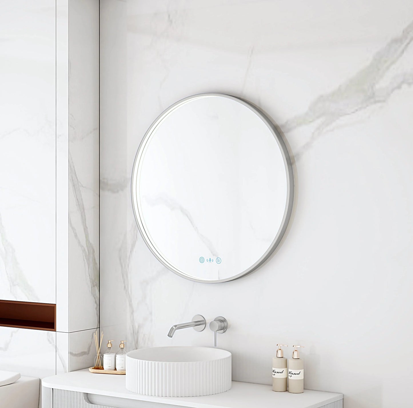Maia 600/750/900mm LED Round Mirror – Brushed Nickel Frame - 900mm / Brushed Nickel