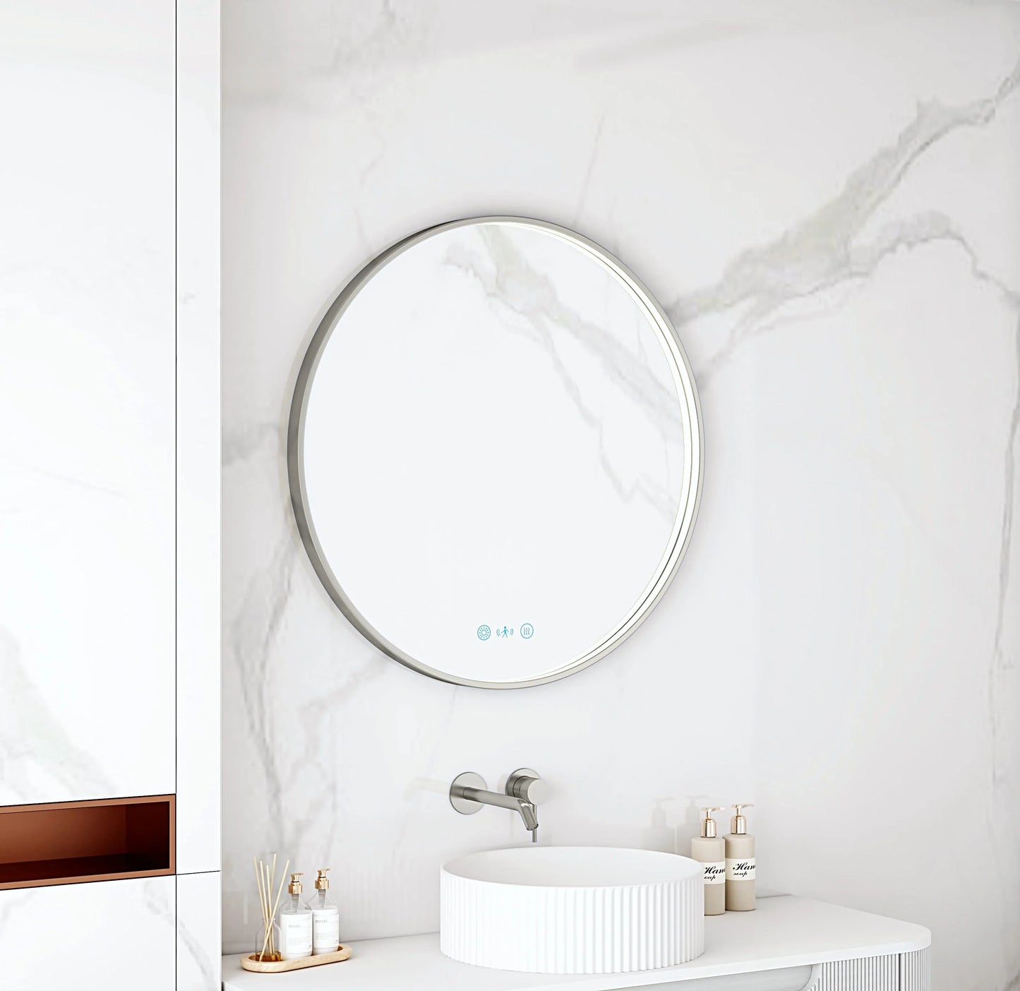Maia 600/750/900mm LED Round Mirror – Gun Metal Frame - 600mm / Gun Metal