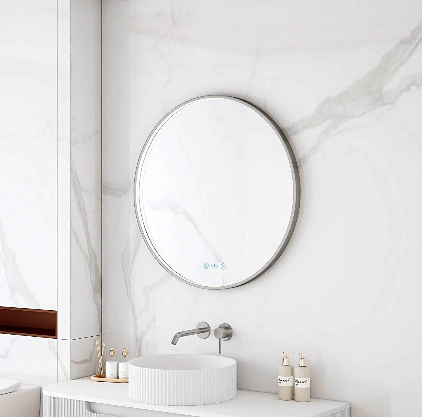 Maia 600/750/900mm LED Round Mirror – Gun Metal Frame - 750mm / Gun Metal
