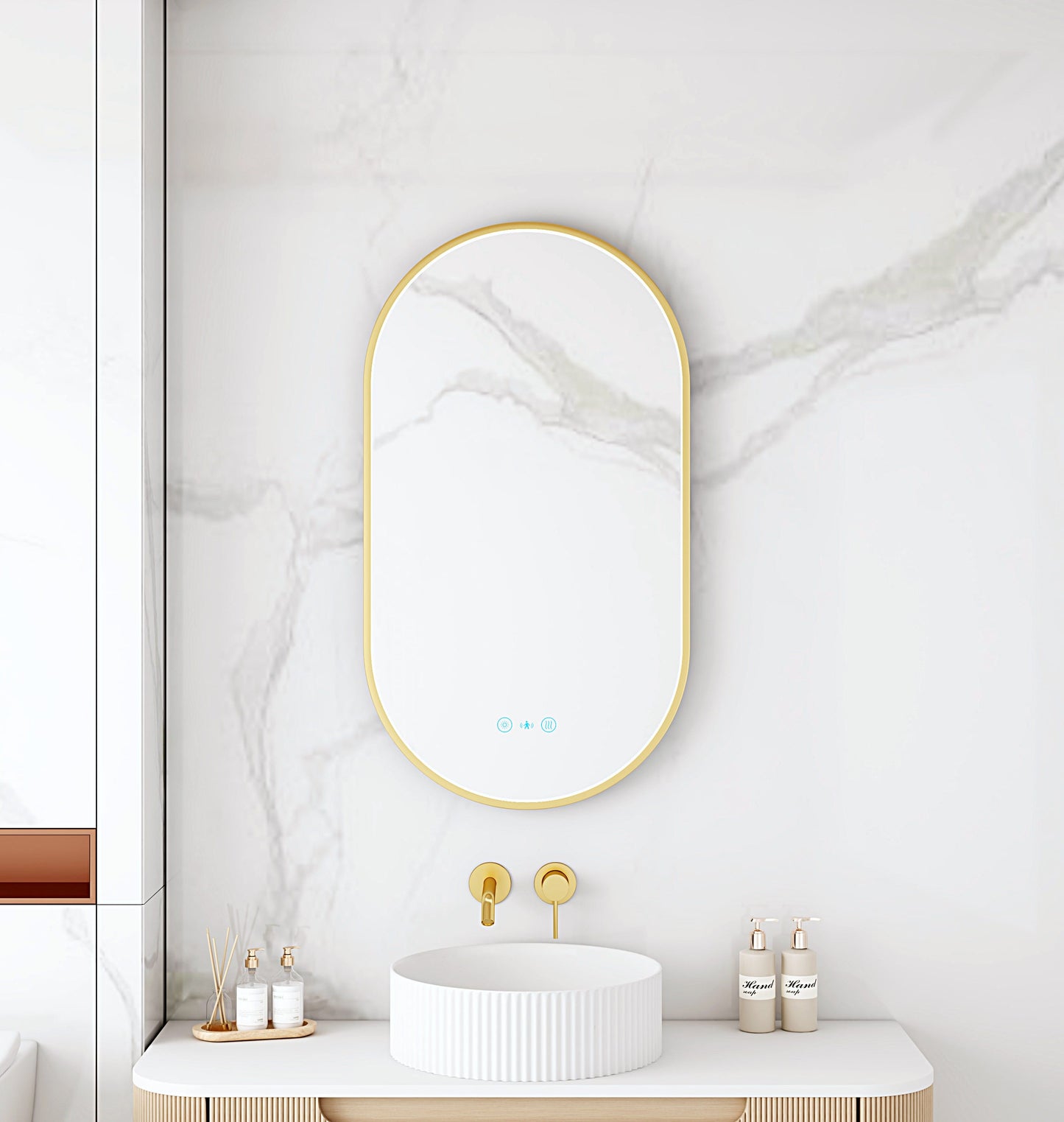 Maia 500×900mm LED Oval Mirror – Brushed Gold Frame - 500×900mm / Brushed Gold