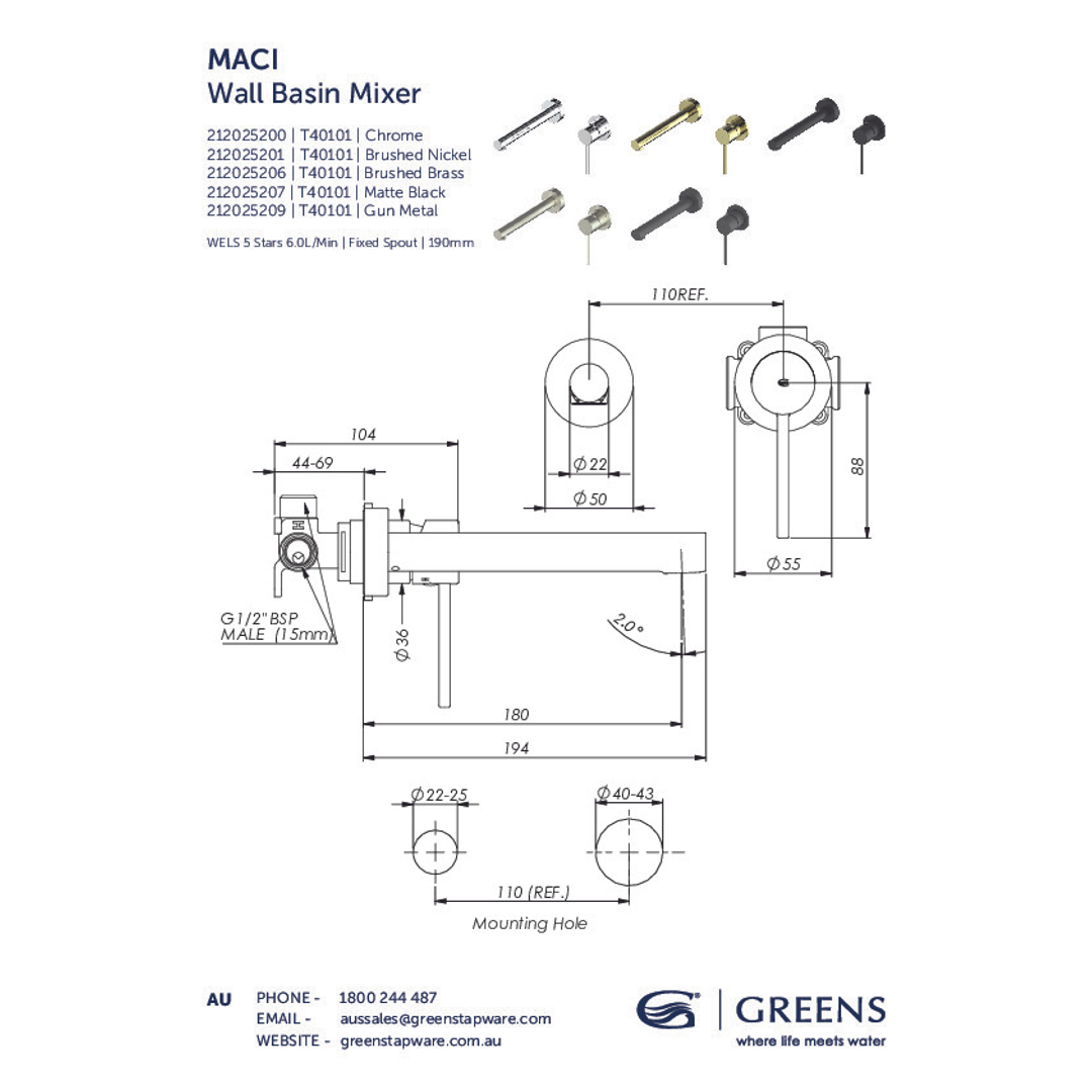 Greens Maci Wall Basin/Bath Mixer Pvd Gun Metal