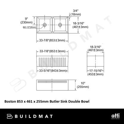 Otti Boston 853 x 461 x 255mm Butler Sink Double Bowl White