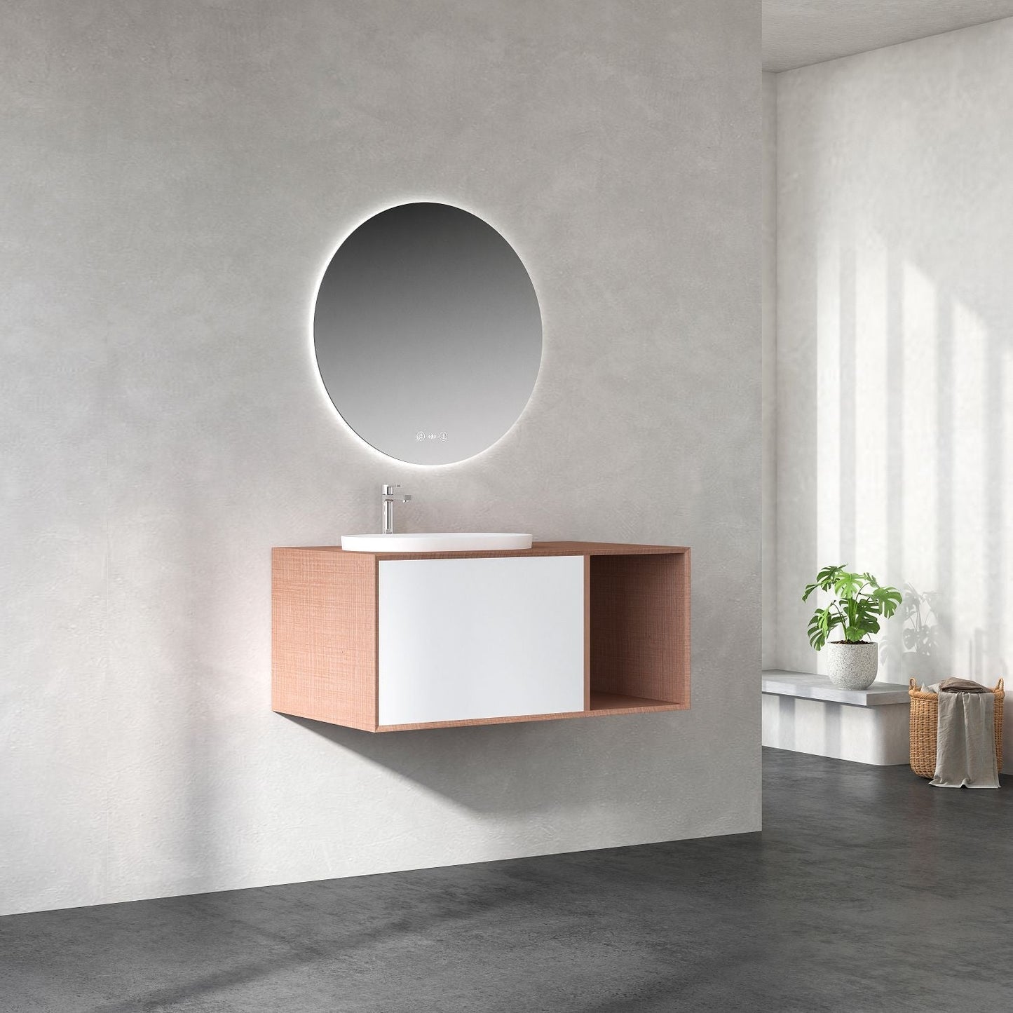 MIO 900mm Vanity Cabinet for Insert Basin with Right Side Shelf – Costa Oak - 900mm x 540mm x 400mm / Costa Oak / Cabinet Only