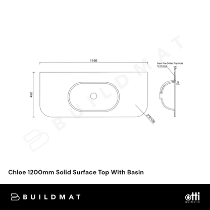 Otti Chloe 1200mm Solid Surface Silk Matte White Top With Basin