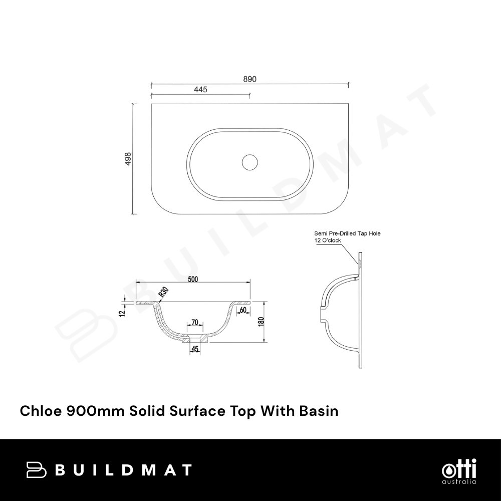 Otti Chloe 900mm Solid Surface Silk Matte White Top With Basin