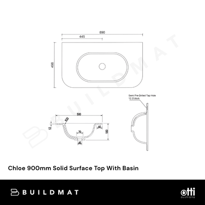 Otti Chloe 900mm Solid Surface Silk Matte White Top With Basin