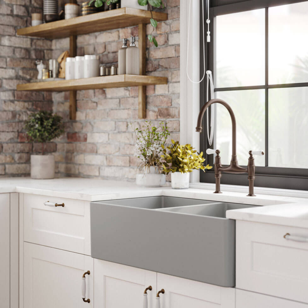 Turner Hastings Novi 85 x 46 Fireclay Double Bowl Butler Sink Includes Overflow
