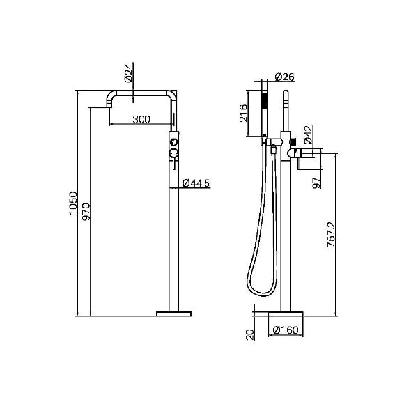Zen SS316L Freestanding Bath Mixer With Outdoor Shower Hose Graphite NR162203a01GR