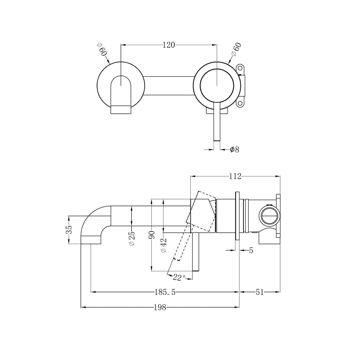 Zen SS 316L Wall Basin/Bath Mixer Separate Back Plate 185MM Spout - Reno Spares