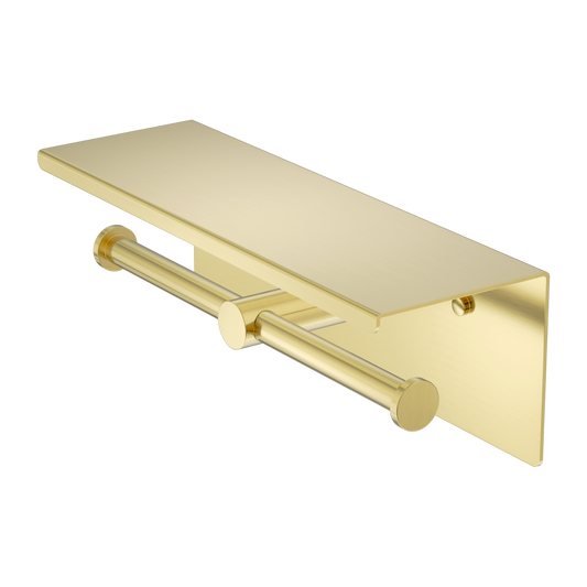 Mecca Double Toilet Roll Holder With Shelf Brushed Gold
