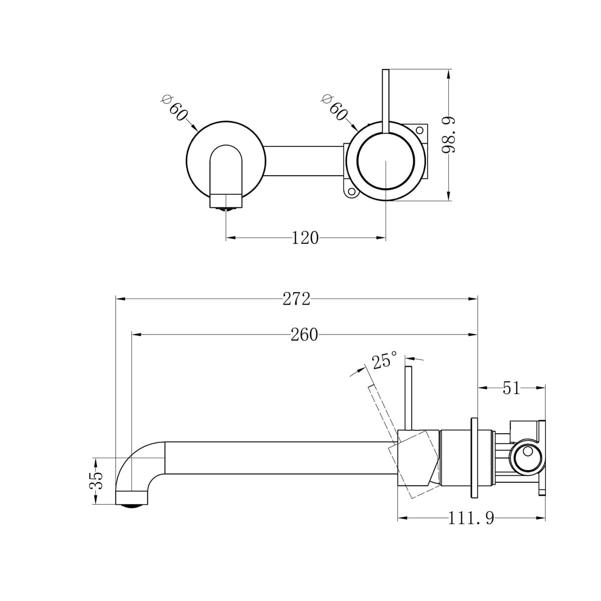 Mecca Wall Basin/Bath Mixer Separate Back Plate Handle Up 260MM Trim Kits Only