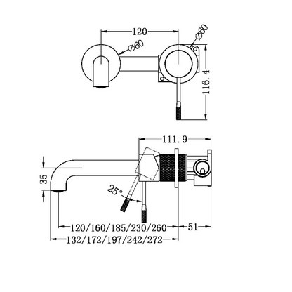 Nero Opal Wall Basin/Bath Mixer Separate Back Plate 230mm  NR251907B230BZ