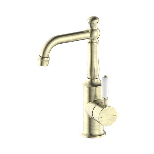 York Basin Mixer With White Porcelain Lever Aged Brass