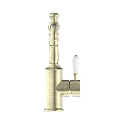 York Basin Mixer With White Porcelain Lever Aged Brass