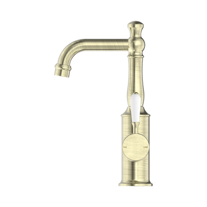York Basin Mixer With White Porcelain Lever Aged Brass