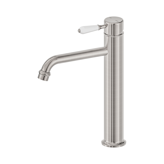 York Straight Tall Basin Mixer With White Porcelain Lever Brushed Nickel