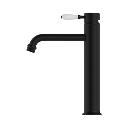 York Straight Tall Basin Mixer With White Porcelain Lever Matte Black