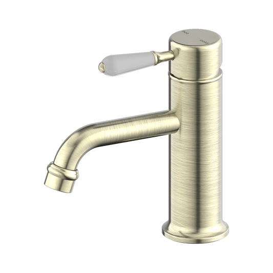 York Straight Basin Mixer With White Porcelain Lever Aged Brass
