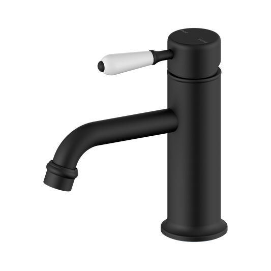 York Straight Basin Mixer With White Porcelain Lever Matte Black