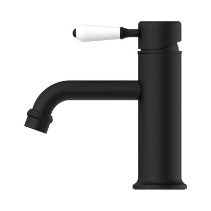 York Straight Basin Mixer With White Porcelain Lever Matte Black