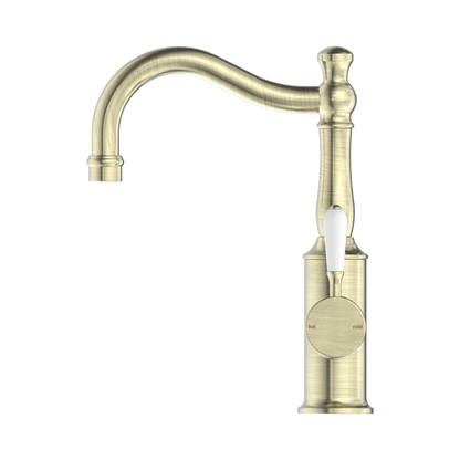 York Basin Mixer Hook Spout With White Porcelain Lever Aged Brass