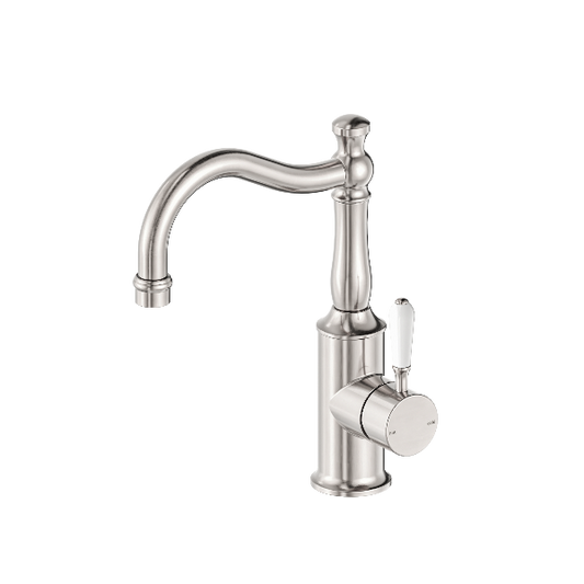 Nero York Basin Mixer Hook Spout With  Porcelain Lever  NR69210201BN
