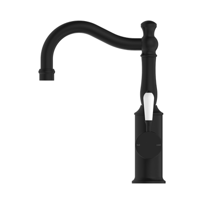 York Basin Mixer Hook Spout With White Porcelain Lever Matte Black