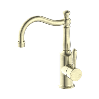 York Basin Mixer Hook Spout With Metal Lever Aged Brass