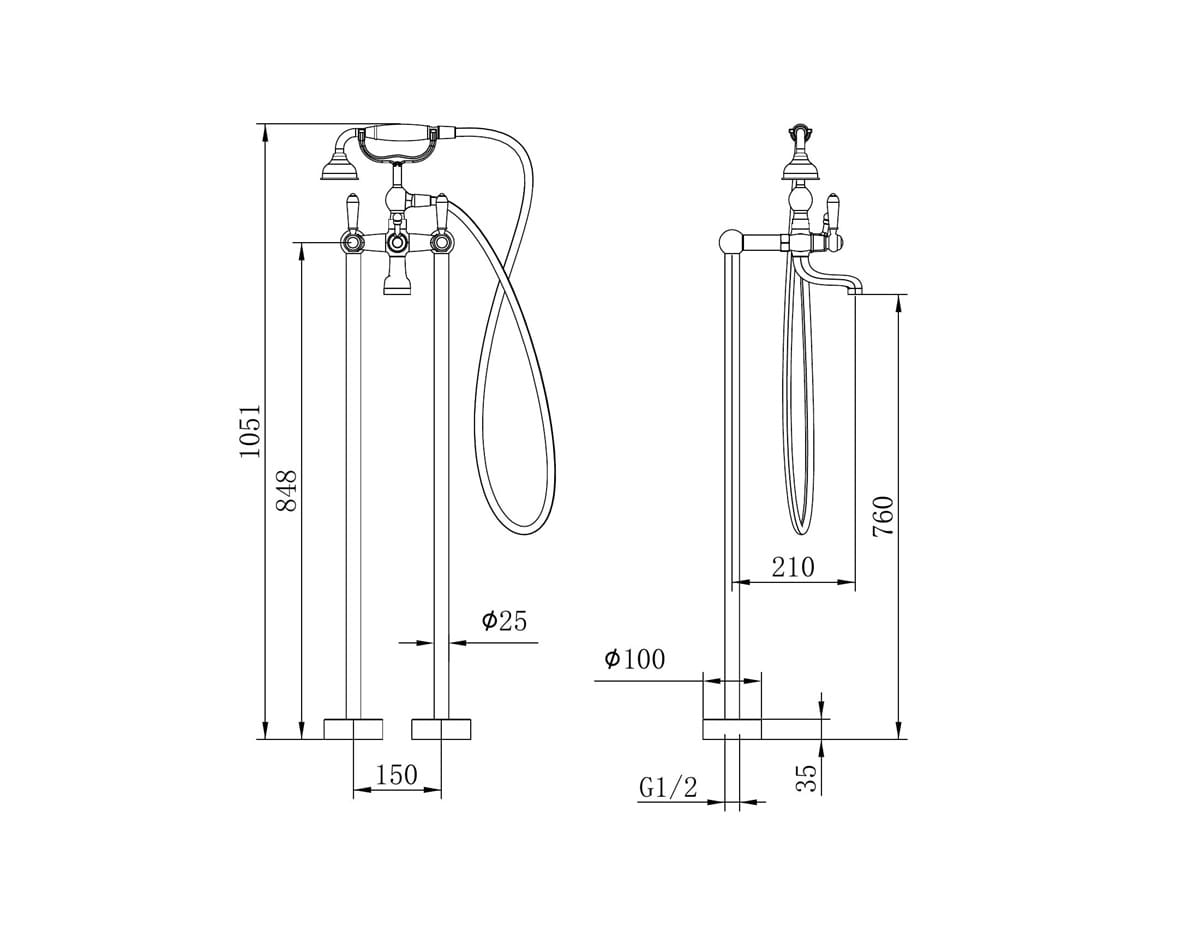 York Freestanding Bath Set With White Porcelain Hand Shower - Reno Spares