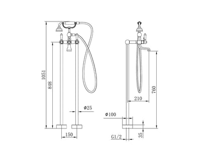 York Freestanding Bath Set With White Porcelain Hand Shower - Reno Spares